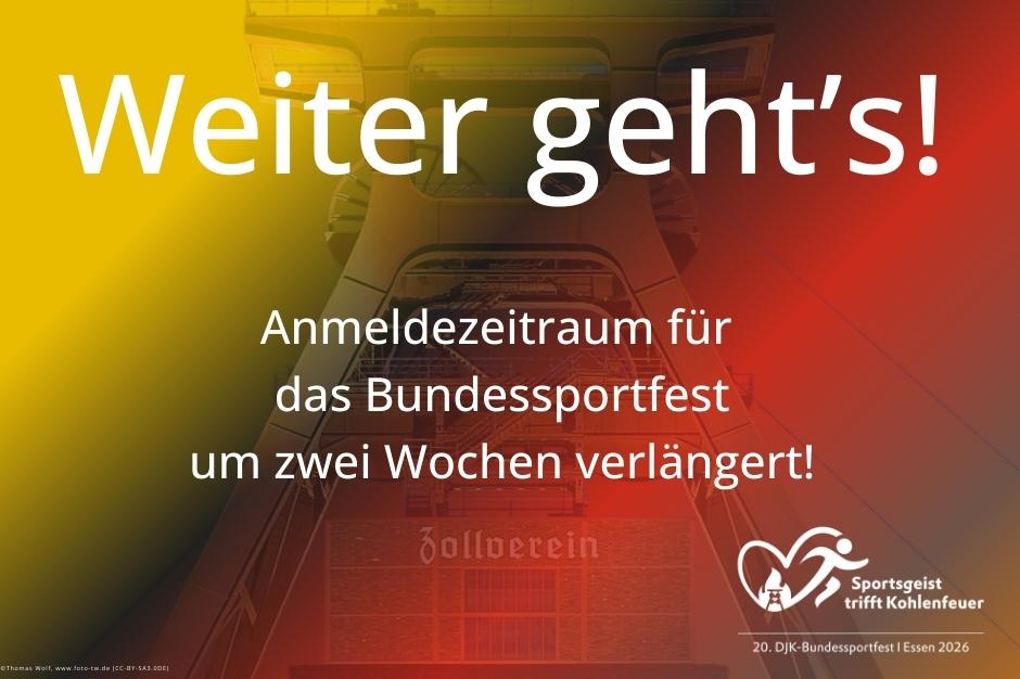 Plakat mit dem Text zur Verlängerung der Anmeldefrist für das DJK-Bundessportfest in Essen 2026.