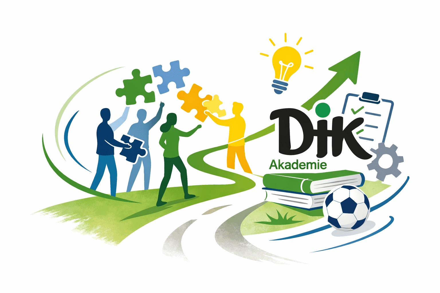 Grafik mit verschiedenen Figuren, die Puzzle-Teile halten, Bücher und einen Fußball, mit dem Schriftzug „Dik Akademie“.
