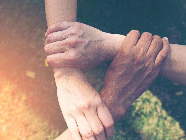 Vier Hände greifen ineinander auf einer grünen Wiese, symbolisieren Zusammenhalt und Kooperation.